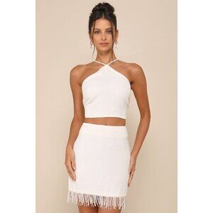 Lulus Sweetly Elite Ivory Tweed Pearl Fringe High-rise Mini Skirt White - Size M